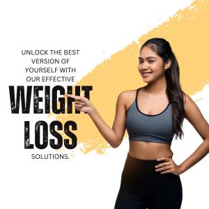 Woman pointing to 'Weight Loss' text, promoting weight loss solutions.