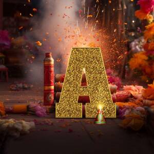 Golden letter A surrounded by Diwali fireworks and decorations