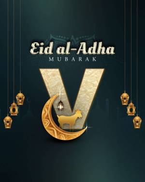 Eid al-Adha Mubarak with crescent moon, goat, and lanterns