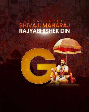 Poster commemorating Chhatrapati Shivaji Maharaj Rajyabhishek Din with a portrait of the king under an umbrella.