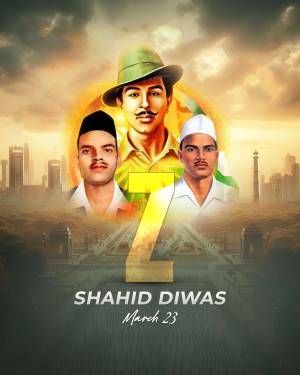 Poster commemorating Shaheed Diwas with portraits of Bhagat Singh, Sukhdev, and Rajguru.