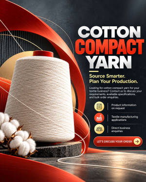 Spool of high-quality cotton compact yarn next to raw cotton bolls on a professional textile marketing poster.
