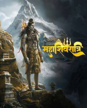 Lord Shiva standing in front of a mountain with Maha Shivaratri text