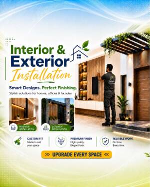 Professional interior and exterior installation service showing modern home design and construction work.