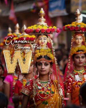 Indian women carrying decorated pots on their heads during a festival