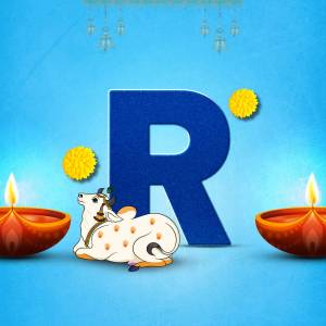 Letter R with a cow and Diwali decorations