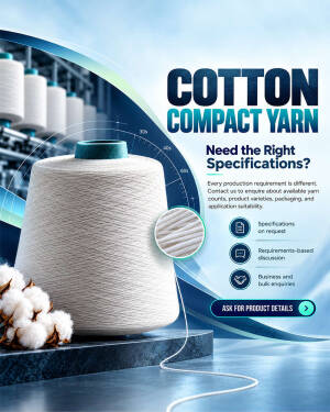 A high-quality cotton compact yarn cone displayed next to raw cotton, featuring a professional industrial background and call-to-action details.