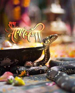 Image of a cobra coiled around a Kalash (pot) with Nag Panchami text in Marathi