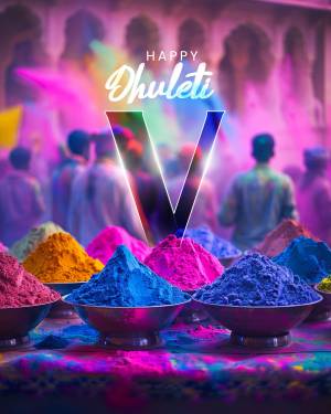 Colorful powder piles and festive Dhulandi greeting