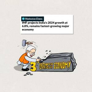 Cartoon depicting Narendra Modi chipping away at a rock labeled '3rd Largest Economy' with a hammer, representing India's economic growth as projected by the IMF.