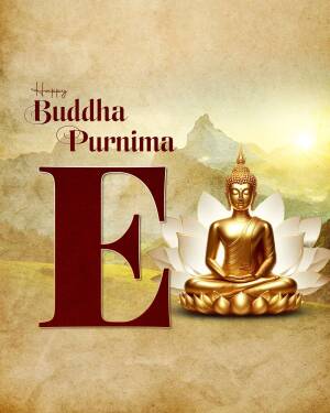 Buddha Purnima greeting with a golden Buddha statue and landscape