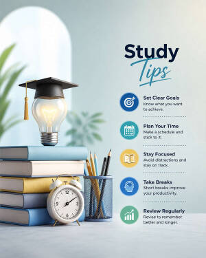 A creative study tips infographic featuring a lightbulb wearing a graduation cap on a stack of books with icons for goal setting, time management, focus, breaks, and review.