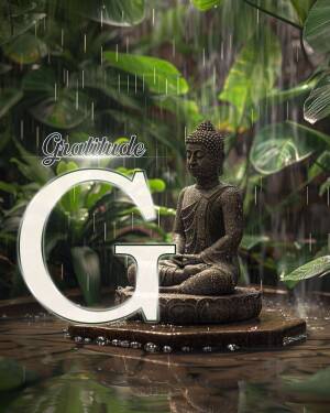 Buddha statue with the letter 'G' and a waterfall background