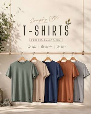 A collection of five plain t-shirts in various earthy tones hanging on a wooden rack against a light beige background.