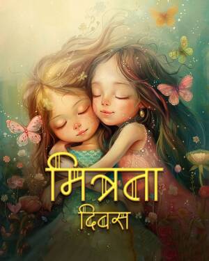 Two young girls embracing with butterflies around them, with text in Devanagari script.