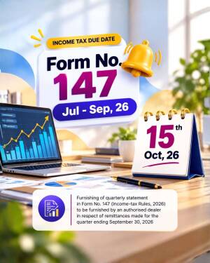 A visual reminder for the Income Tax Form 147 due date featuring a laptop, calendar, and notification bell on a desk