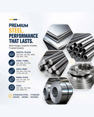 A catalog showcase of industrial stainless steel products including pipes, sheets, rods, and coils.