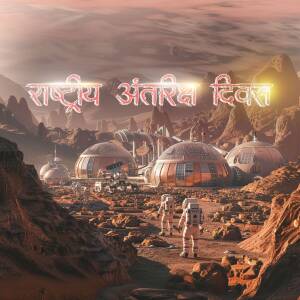 Futuristic Martian colony with astronauts and domes, celebrating National Space Day.