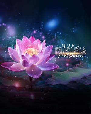 A vibrant pink lotus flower blooming in a dark, starry background with text 'Guru Pushya Lakshya'.