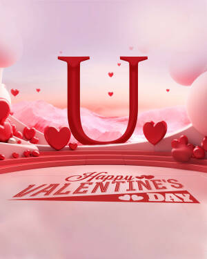 A 3D rendering of the letter 'U' with Valentine's Day decorations.
