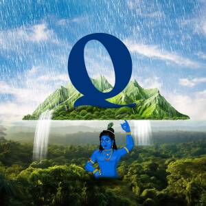Digital art depicting Lord Krishna with the letter Q in a fantastical landscape.