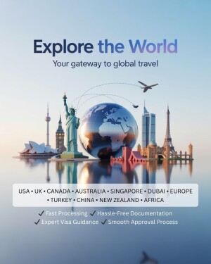 Global travel and visa services advertisement featuring world landmarks and a globe