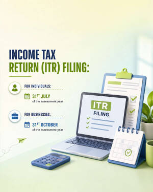An infographic showing deadlines for Income Tax Return (ITR) filing for individuals and businesses with a laptop, calculator, and clipboard.