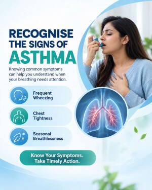 A woman using an asthma inhaler with an infographic explaining symptoms like wheezing, chest tightness, and breathlessness.