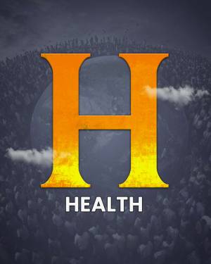 Logo featuring a large golden 'H' with the word 'HEALTH' underneath, set against a blurred crowd background.