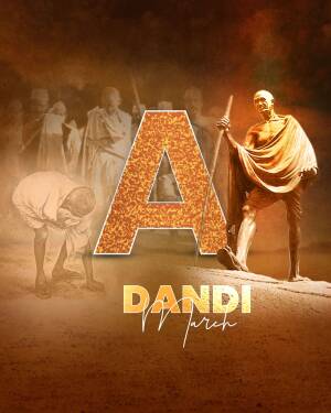 Image depicting Mahatma Gandhi leading the Dandi March with a large letter 'A' overlaid.