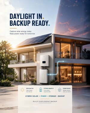 Modern house with rooftop solar panels, hybrid inverter, and battery storage system for energy backup.