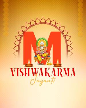 Vishwakarma Jayanti festive graphic with Lord Vishwakarma and the letter 'M'