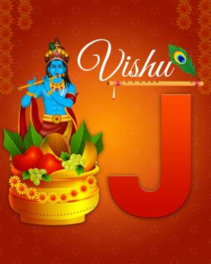 Vishu greeting card featuring Lord Krishna and festive decorations