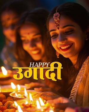 Women celebrating Ugadi with lit lamps and traditional attire