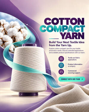 A spool of cotton compact yarn with cotton bolls and abstract blue and purple flowing ribbons on a light background
