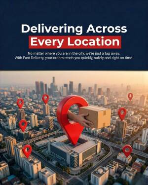 A hand emerging from a giant red map pin holding a cardboard package over a city skyline at sunset