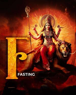 Image of Goddess Durga riding a lion with the letter 'F' for Fasting
