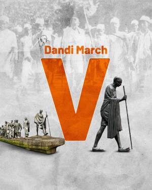 Poster depicting Mahatma Gandhi leading the Dandi March with a prominent 'V' symbol.