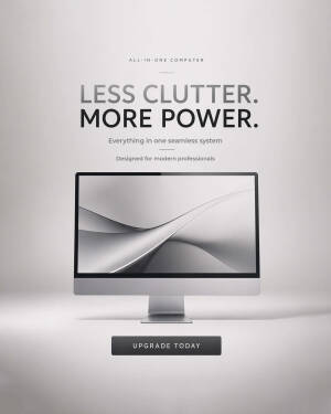 Modern all-in-one computer on a clean light grey background with text less clutter more power