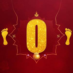 Golden number zero with footprints, swastika, and a diya on a red background