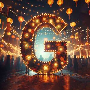 Large letter 'G' illuminated with lights and flowers, surrounded by lanterns and people.