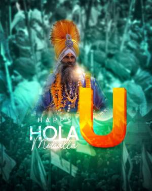 Portrait of a Sikh man in traditional attire with 'Happy Hola Mohalla' text