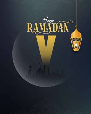 Ramadan Kareem greeting with a crescent moon, lantern, and mosque silhouette.