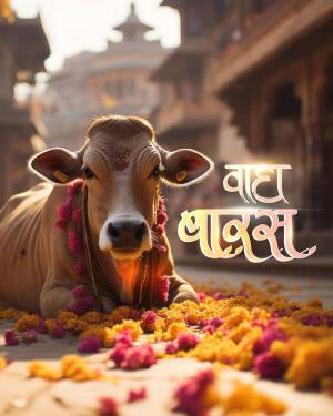 A brown cow decorated with flowers resting in front of an Indian temple.