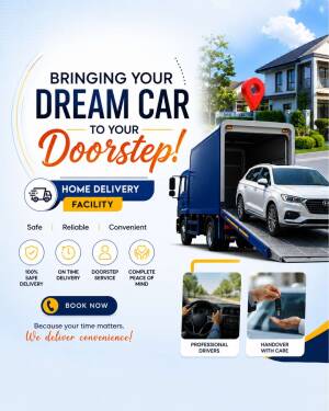 A promotional poster for a car home delivery service featuring a delivery truck with a car and a suburban house in the background.