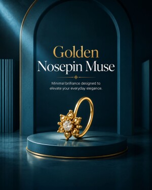 A luxurious golden nosepin with a diamond center displayed on a teal circular pedestal against a dark archway background.