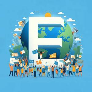 Illustration of a large letter 'E' encompassing a globe with diverse people celebrating around it.