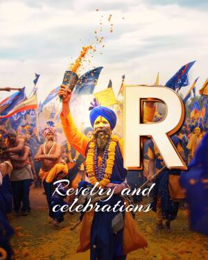 A vibrant image depicting a celebration with a large 'R' and a man in traditional attire with flags and confetti.