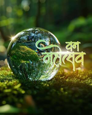 A glass crystal ball sitting on mossy ground in a forest, reflecting the surrounding trees with Van Mahotsav text overlay