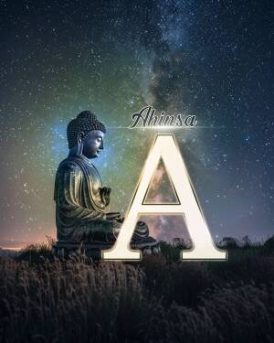 Statue of Buddha silhouetted against a starry night sky with a glowing letter A